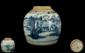 16th/17thC Chinese Jar with blue and white decoration. Measuring 6.75 inches in height.