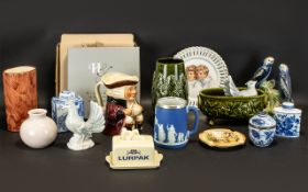 A Box of Assorted Pottery to include Poole pottery, Jenna Budgie Figures, a pair of ribbon plates,