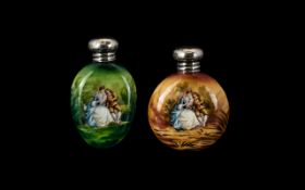 Edwardian Period Nice Quality Pair of Silver Screw Top Painted Ceramic Glass Scent Bottles - each