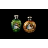 Edwardian Period Nice Quality Pair of Silver Screw Top Painted Ceramic Glass Scent Bottles - each