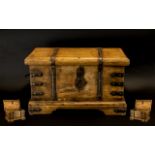 Vintage Solid Wooden Chest in Rustic style, with metal decorative strapping and two hinged handles.