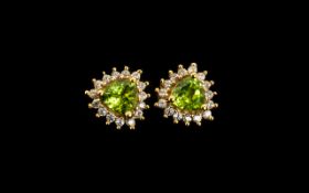 Peridot Trillion and Zircon Halo Stud Earrings,