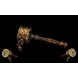 19thC Period Brass and Copper Buddhist Tibetan Prayer Wheel with carved horn handle.