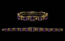 Victorian Period Superb Quality 9ct Gold - Amethyst Set Ornate / Fancy Bracelet, The Eleven