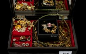 Collection of Contemporary and Vintage Costume Jewellery housed in a black wooden jewellery box