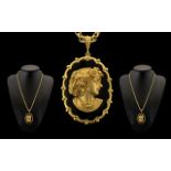 9ct Gold Impressive and Good Quality Oval Shaped Portrait Cameo - the ornate oval shaped 9ct gold