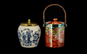 A Vintage Pottery Delft Tobacco Humidor & Vintage Biscuit Barrel.