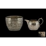 Scotish Sterling Silver 19th Century Anglo Indian Ornate Matching Milk Jug And Sugar Bowl Of