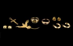 A Small Collection of 9ct Gold Jewellery - All Marked for 9ct. Comprises 1/ Bird Brooch.