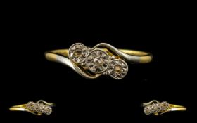 18ct Gold Diamond Ring set with three diamond chips on a twist. Fully hallmarked, Ring size N.5.