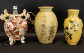 A Large Studio Pottery Vase along with a signed Japanese vase with hand painted floral decoration.
