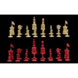 19thC Stained Bone Barleycorn Chess Set,