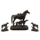 Contemporary Nice Quality Bronze Sculpture of a Riderless Stallion/Horse with Two Dogs,