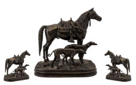 Contemporary Nice Quality Bronze Sculpture of a Riderless Stallion/Horse with Two Dogs,