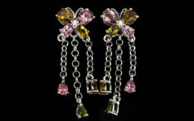 Multi Tourmaline 'Butterfly' Drop Earrings, the butterflies set with deep rose pink and amber yellow