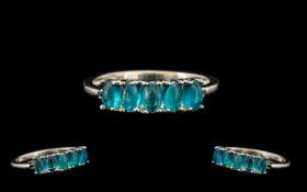 Neon Apatite Five Stone Band Ring, five oval cut cabochons of the rarest form of apatite,