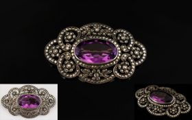 Large Antique Amethyst Silver Brooch.