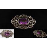 Large Antique Amethyst Silver Brooch.