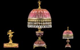 Red Glass Table Lamp, Moulded And Frosted Shade, Knop And Base, With Brass Mounts And Crystal Drops,