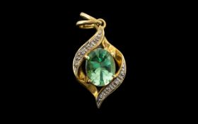 9 ct Yellow Gold and Green amethyst & Diamond Set Pendant - Claw set oval cut Green amethyst