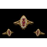 Antique Period 18ct Gold - Nice Quality Ruby & Diamond Set Marquise Shaped Dress Ring of pleasing