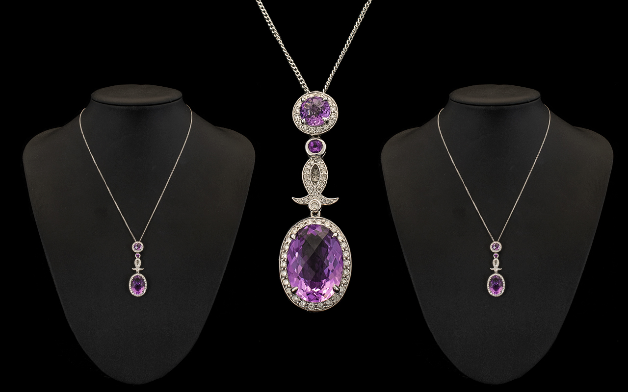 18ct White Gold Superb Amethyst and Diamond Set Pendant Drop Necklace of Impressive Appearance,