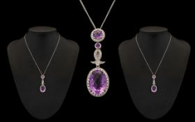 18ct White Gold Superb Amethyst and Diamond Set Pendant Drop Necklace of Impressive Appearance,