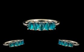 Neon Apatite Five Stone Band Ring, five oval cut cabochons of the rarest form of apatite, the