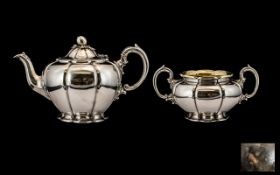 Barnard Brothers - Superb Quality Matched Silver Teapot and Large Twin Handle Sugar Bowl, Melon