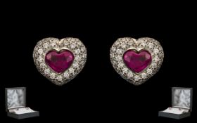 18ct White Gold - Nice Quality Ruby & Diamond Set Pair of Heart Shaped Earrings of Attractive