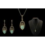 Art Nouveau Period 1880 - 1910 Attractive Silver Fire Opal and Marcasite Set Pendant and Matching