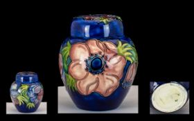 Moorcroft Tubelined Lidded Ginger Jar of small proportions. 'Blue Anemone' pattern circa 1970.