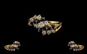 18ct Gold Attractive Diamond and Sapphire Set Dress Ring - From the 1980's. The Diamonds and