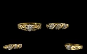 Two 9ct Yellow Gold Diamond Rings both hallmarked Ring size M. One illusion set single stone diamond