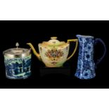 A Small Collection of Pottery to include Regency Ironstone Blue Jug 8 inches tall, an Ironstone