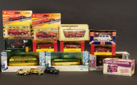 Collection of Boxed Model Cars, Trams & Buses. Comprises three boxed trams, and ten boxed model cars