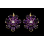 18ct Gold - Large and Impressive Pair of Flower head Design Amethysts and Diamond Set Earrings of