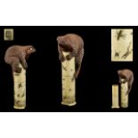 Japanese - Carved Bone / Ivory Novelty Cylindrical Column Shaped Scroll Holder with Pull off Base.