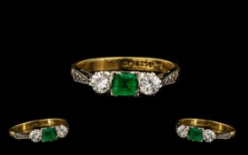 18ct Gold and Platinum - Superb Quality 3 Stone Emerald and Diamonds, Lovely Square Shaped Emerald
