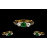 18ct Gold and Platinum - Superb Quality 3 Stone Emerald and Diamonds, Lovely Square Shaped Emerald