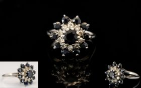 18ct White Gold Sapphire and Diamond Set Cluster Ring - Flower head setting, fully hallmarked for