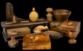 A Box of Interesting Oddments and Curios to include wooden/treen items, desk tidy, turned bowls,