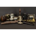 A Box of Interesting Oddments and Curios to include a hand club, a cosh, leather hand bell, old