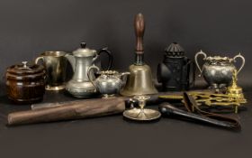 A Box of Interesting Oddments and Curios to include a hand club, a cosh, leather hand bell, old