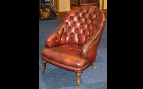 Button Back Weathered Leather Chesterfield Tub Chair, Low Seat with Short Turned Legs on Brass