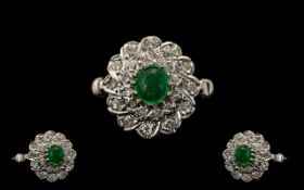 Ladies Attractive Palladium on Silver - Diamond and Emerald Set Dress Ring - flower head design, the