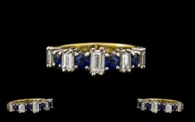 18ct Yellow Gold Attractive Baguette Cut Diamond and Sapphire Set Ring. Good design /setting. The