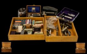 Mid 20thC Shaving Interest, Custom Made Hinged Box, Two Lift Out Trays. Containing A Quantity Of