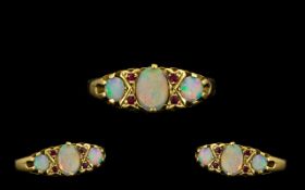 Antique Period Pleasing 9ct Gold Opal and Ruby Set Dress Ring, Gallery Setting. Fully Hallmarked for