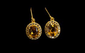 Citrine and White Zircon Halo Drop Earrings, oval cut citrine solitaires, each of 1.75cts, framed